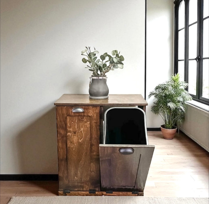 Furniture style slim double trash cabinet in dark brown