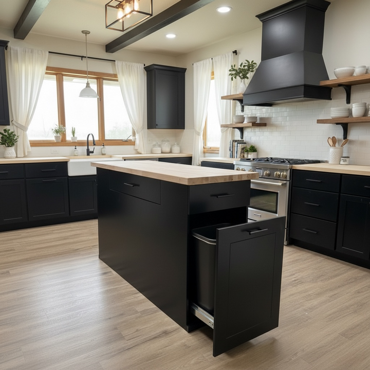Handmade Kitchen Island with Pull-Out Trash Cabinet &amp; Drawers - Butcher Block Top