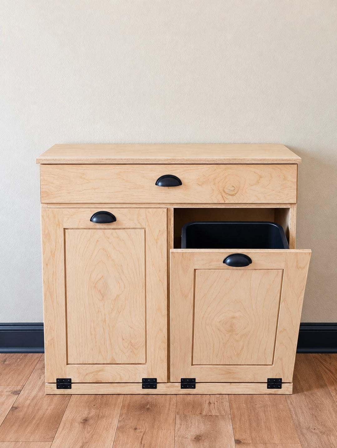 Handcrafted double hidden trash cabinet + storage drawer in bare wood