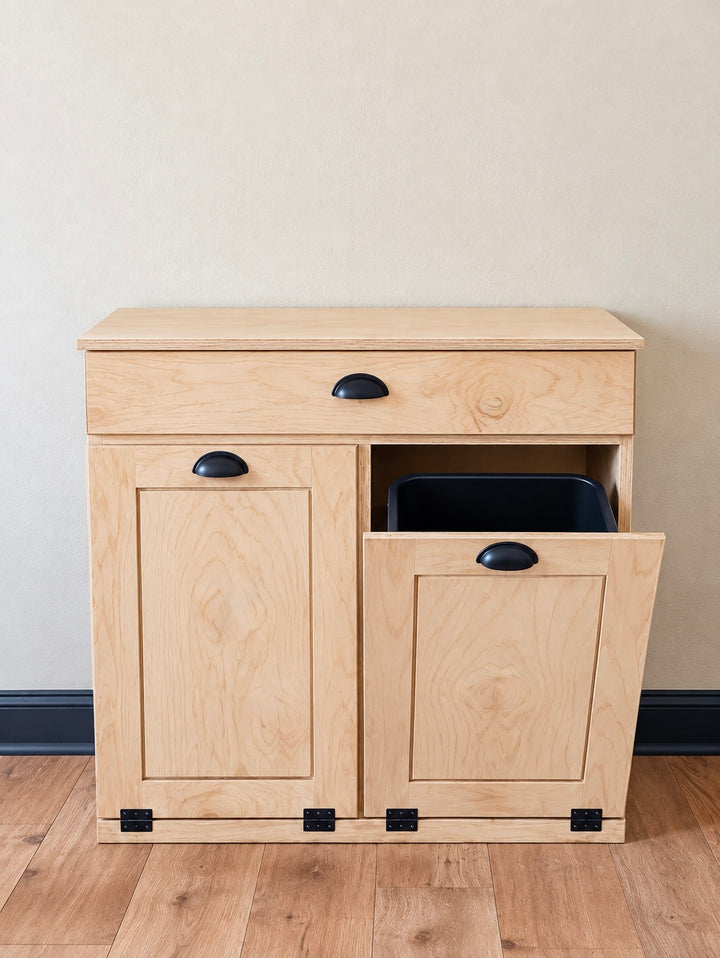 Handcrafted double hidden trash cabinet + storage drawer in bare wood