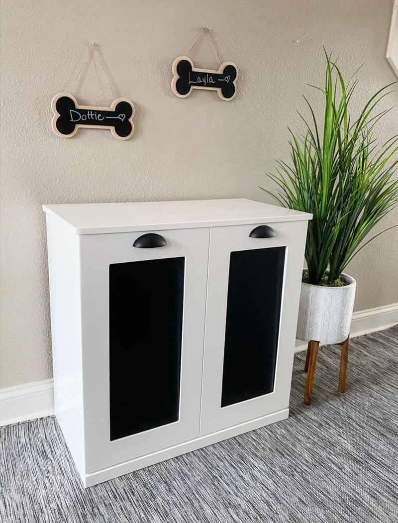 Double style pet food storage in white with a chalkboard front farmhouse style