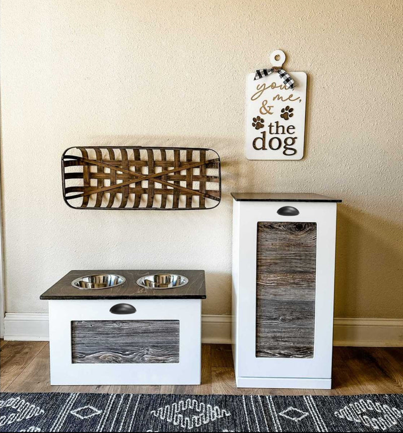 Single style pet food storage in white with a cedar look front  stain top farmhouse style door