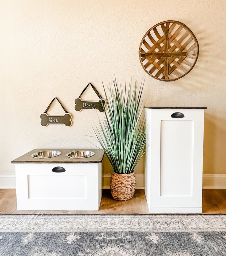 Single style pet food storage in white with a dark brown stain top