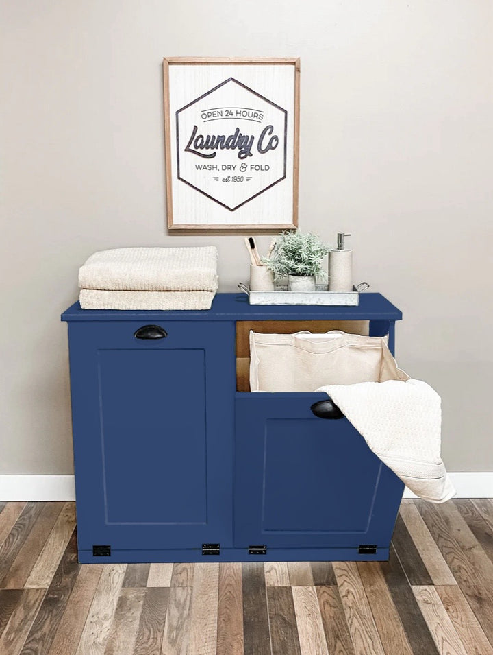 Handmade double laundry hamper in blue