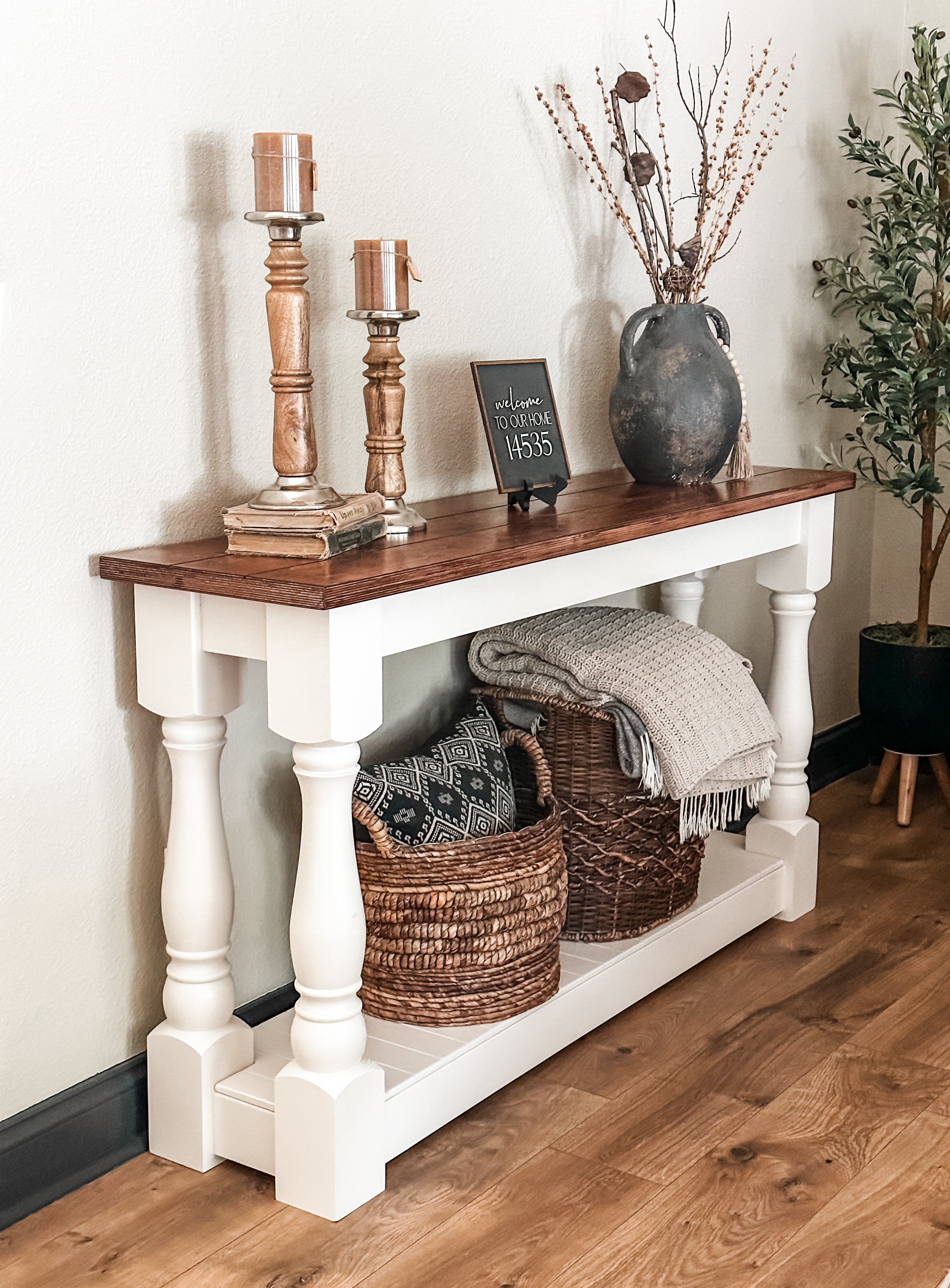 Entry table with baluster legs with red oak top – The LoveMade Home