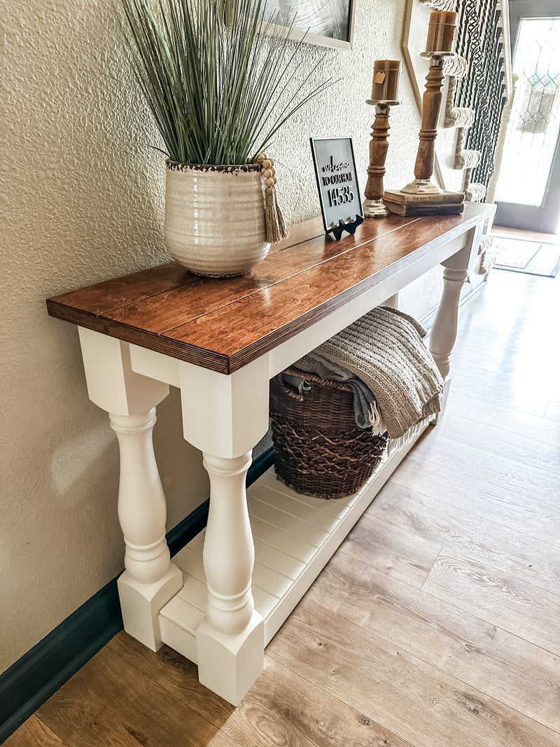 Entry table with baluster legs with red oak top