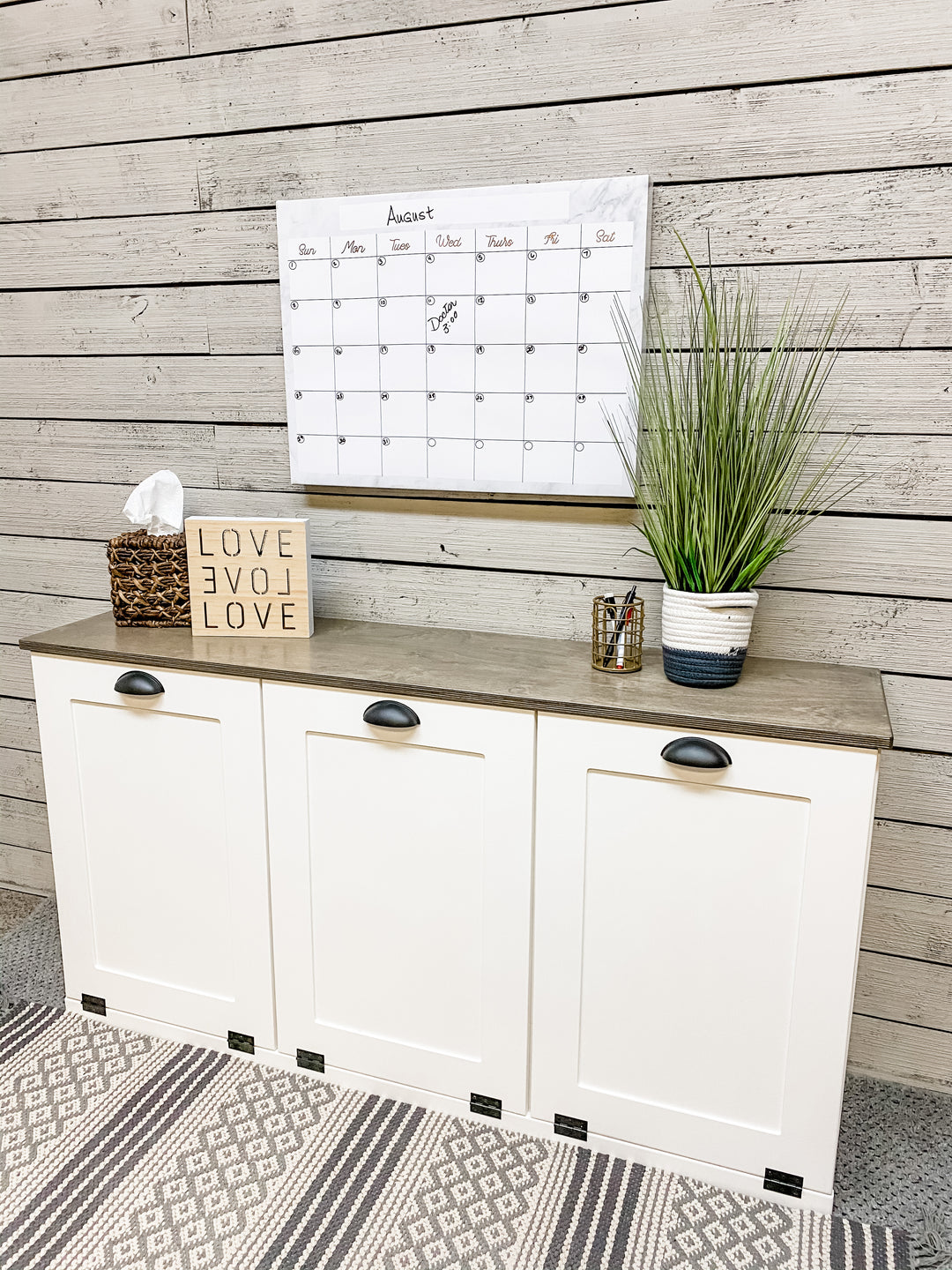 Triple trash farmhouse cabinet in white
