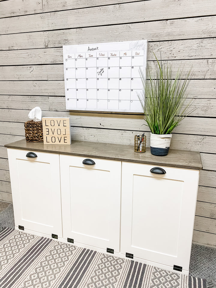 Triple trash farmhouse cabinet in white