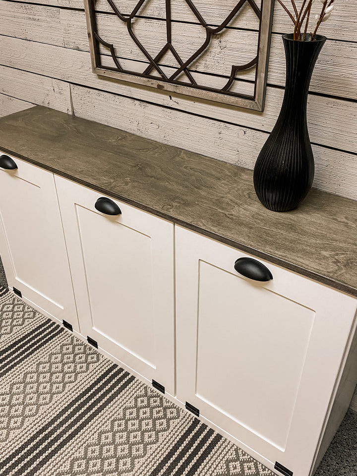 Triple trash farmhouse cabinet in white