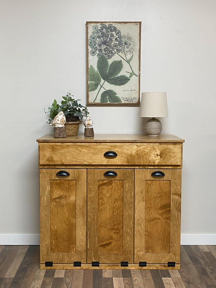Slim style 3 bin furniture style cabinet for trash