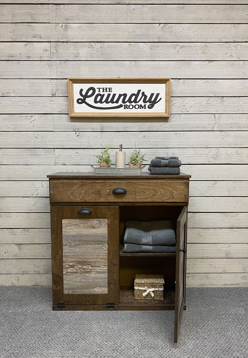 Dashwood laundry with a storage drawer and cabinet shelving in real wood, dark brown