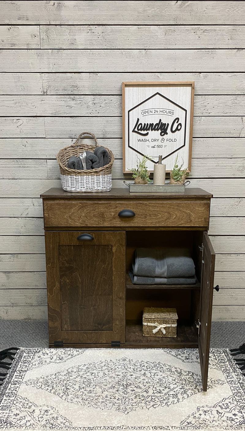 Dashwood laundry with a storage drawer and cabinet shelving in real wood, dark brown