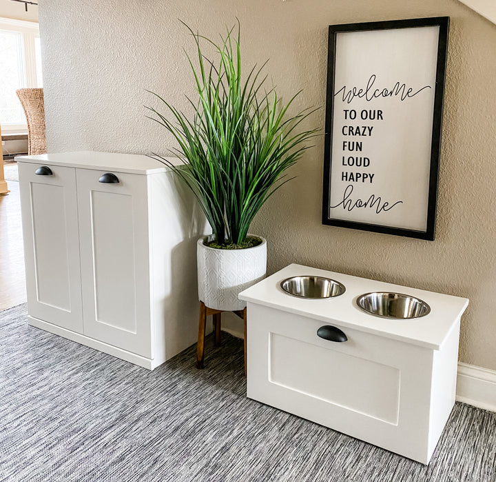 Double style pet food storage in white farmhouse style