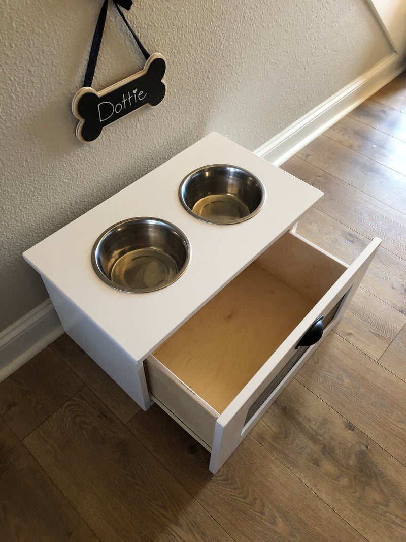 2 bowl elevated dog feeder with storage* (white/cedar look)