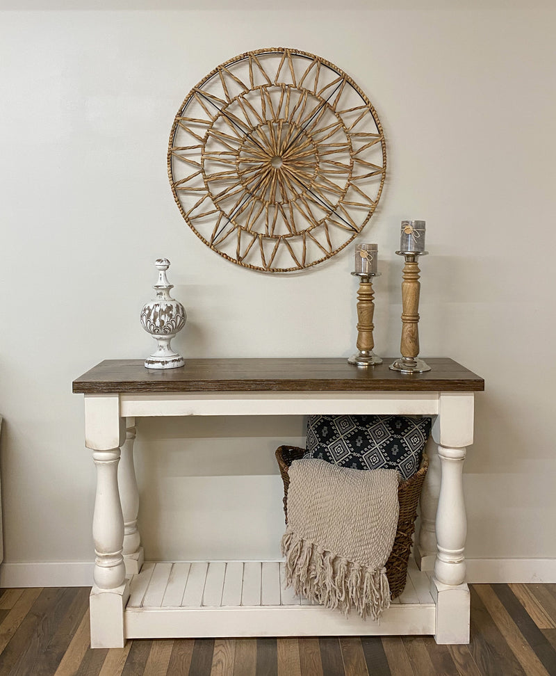 READY TO SHIP: Entry table with baluster legs in white with warm brown top