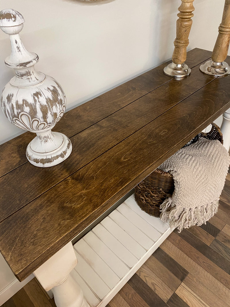 READY TO SHIP: Entry table with baluster legs in white with warm brown top