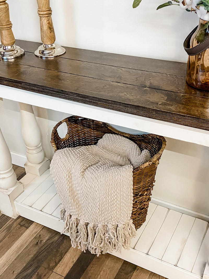 READY TO SHIP: Entry table with baluster legs in white with warm brown top