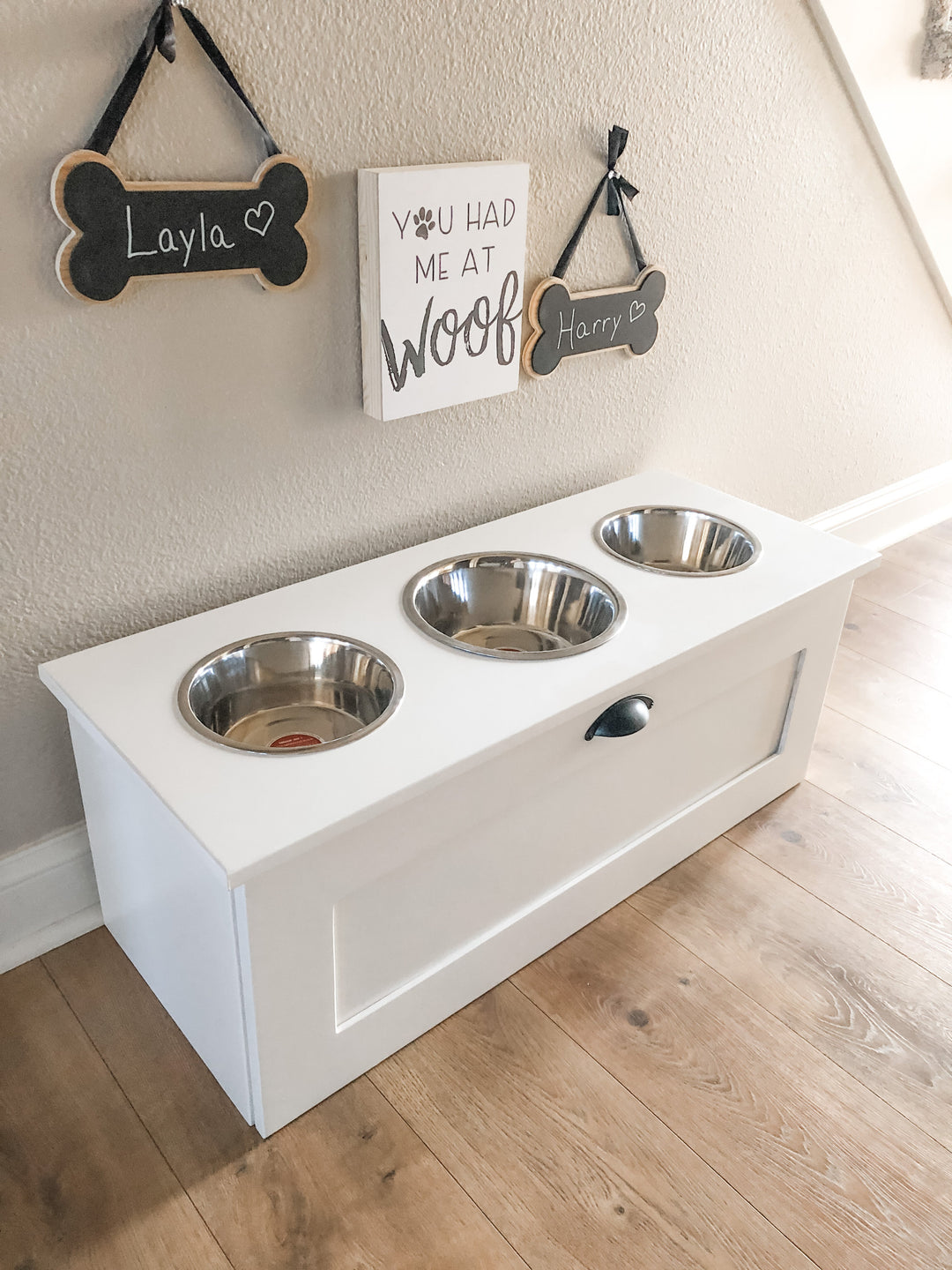 3 bowl elevated pet feeder with storage drawer
