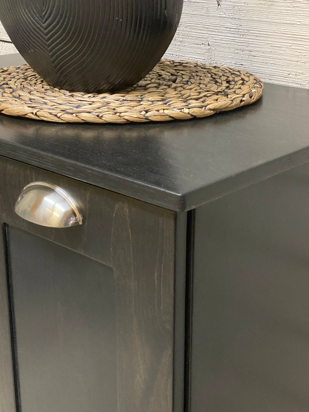 Handmade quad laundry hamper with a storage drawer in black stain
