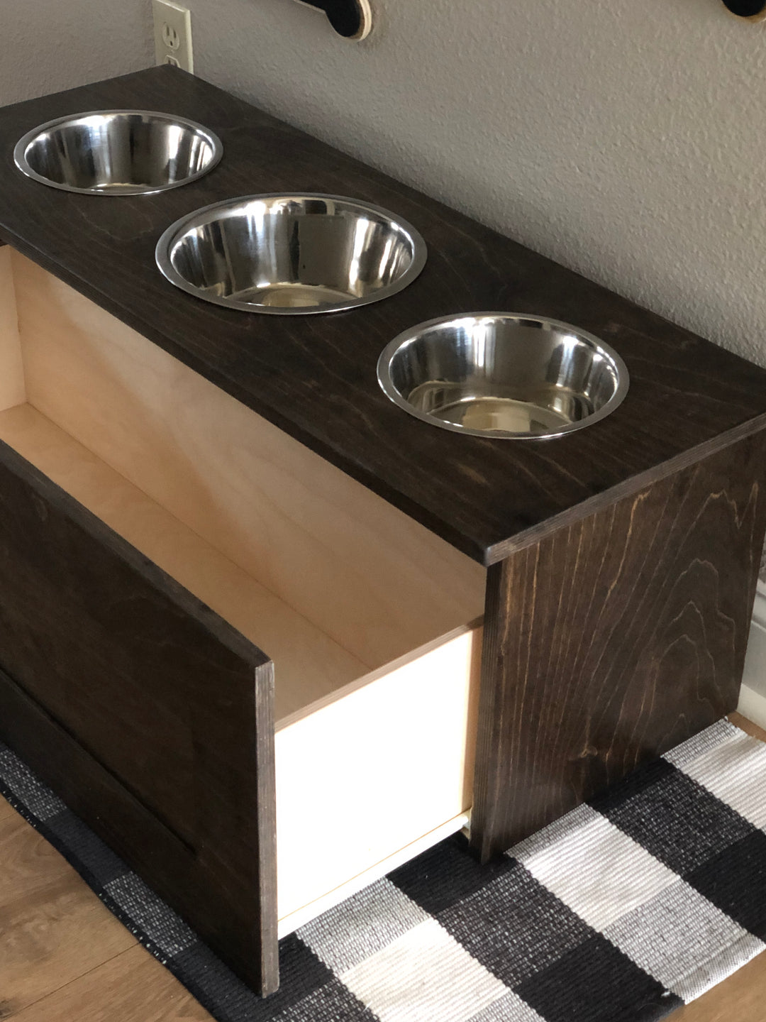3 bowl elevated dog feeder with storage drawer in dark brown stain