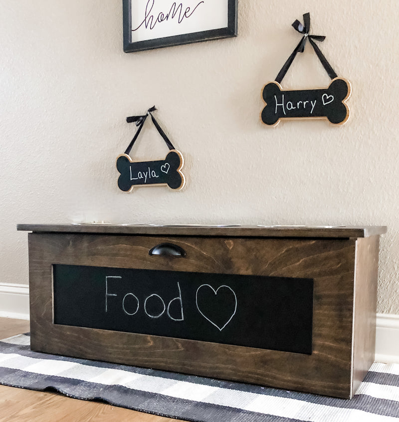 3 bowl elevated dog feeder with storage drawer (chalkboard-stained DB)