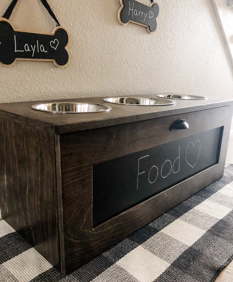 3 bowl elevated dog feeder with storage drawer (chalkboard-stained DB)