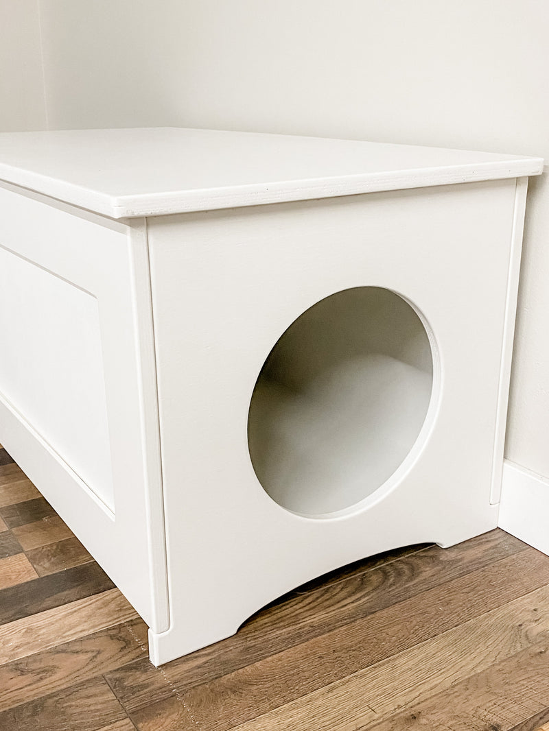 Maine Coon Size Hidden Litter Box in White with a Flat Panel