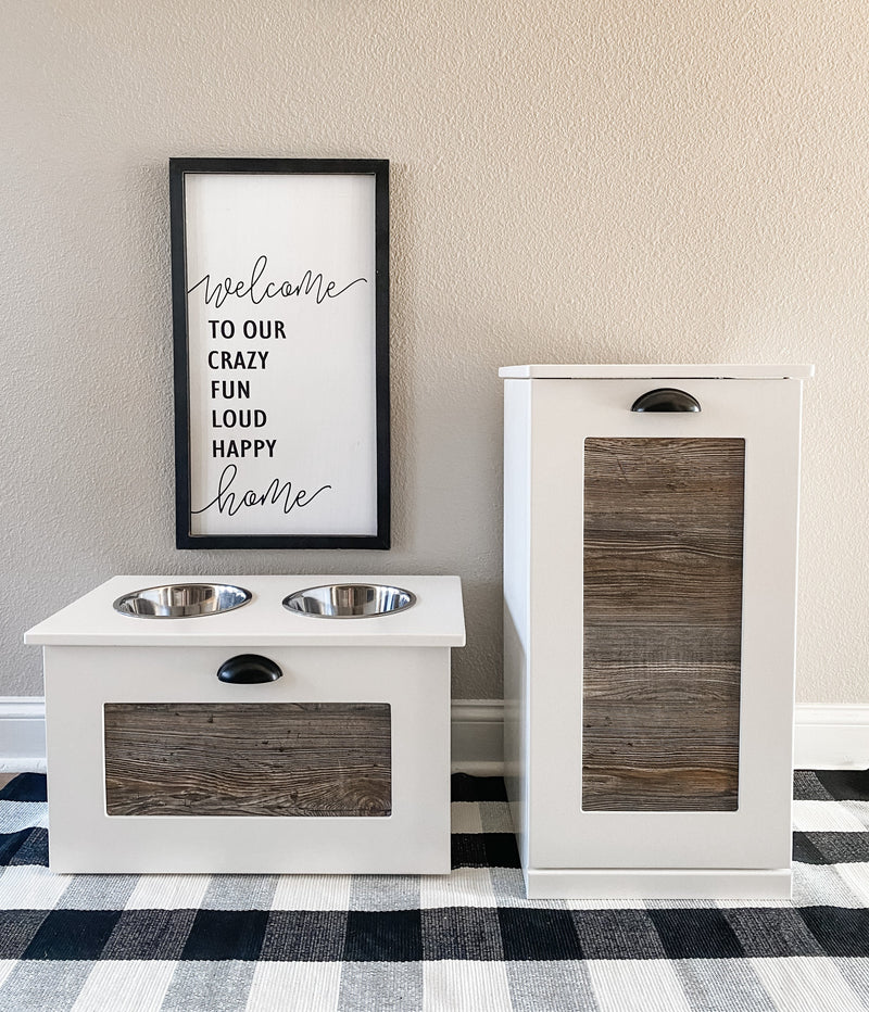 Single style pet food storage in white with a cedar look front farmhouse door