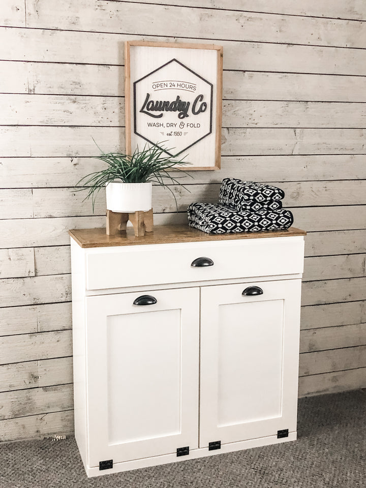 White furniture style laundry double hamper with a storage drawer