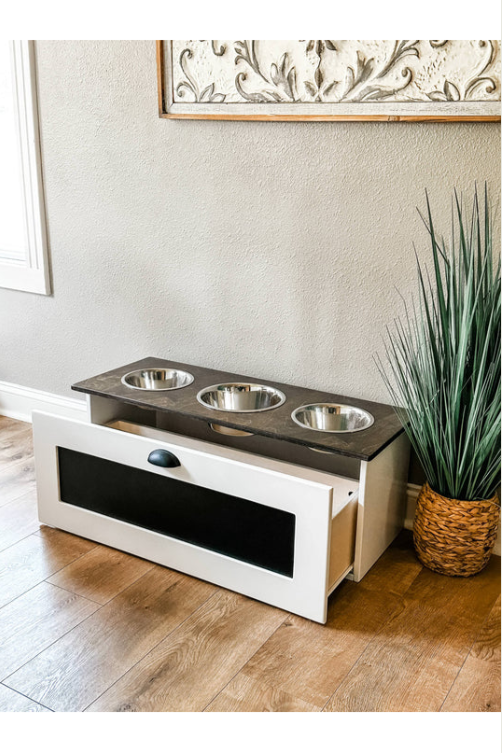 3 bowl elevated dog feeder with storage drawer - chalkboard- stained top - more colors