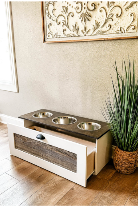 3 bowl elevated dog feeder with storage drawer - stained top - more colors