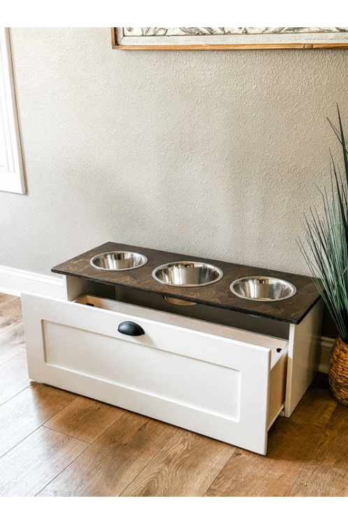 3 bowl elevated dog feeder with storage drawer farmhouse style