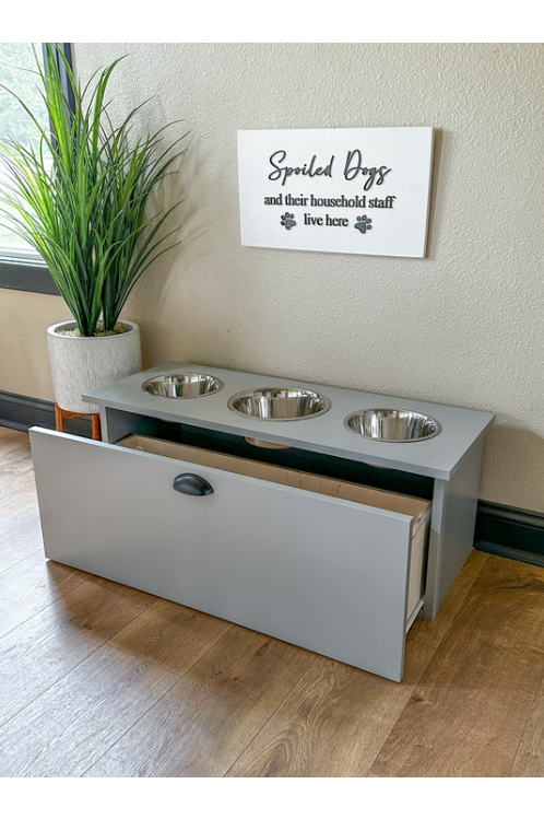 3 bowl dog feeder pet feeder western raised 3 bowl elevated pet feeder with storage drawer with drawer in gray – The  LoveMade Home