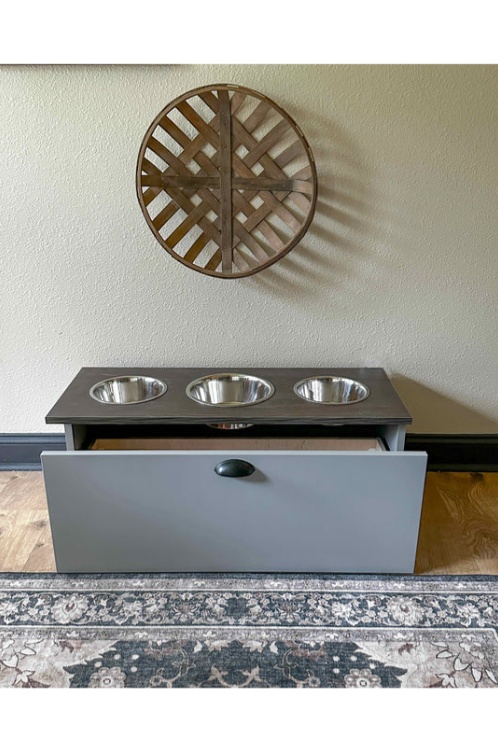 3 bowl elevated dog feeder with storage drawer with drawer in gray with wood look top - more colors