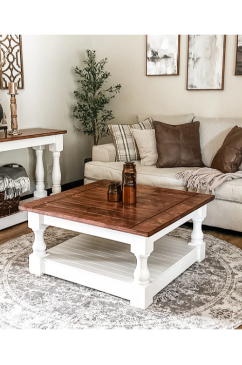 Rustic baluster square farmhouse coffee table in red oak