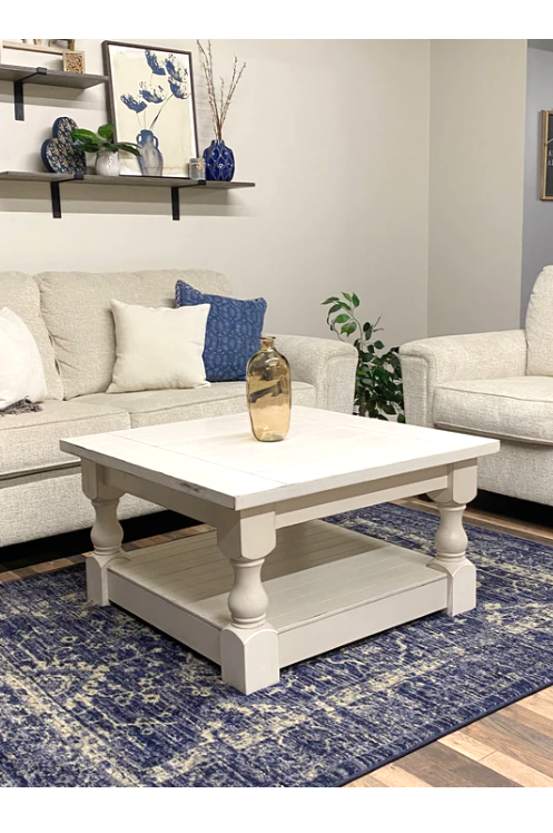 Rustic baluster square farmhouse coffee table all over painted and distressed