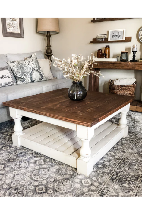 Rustic baluster square farmhouse coffee table distressed warm brown