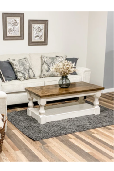 Baluster rectangle farmhouse coffee table distressed with warm brown top