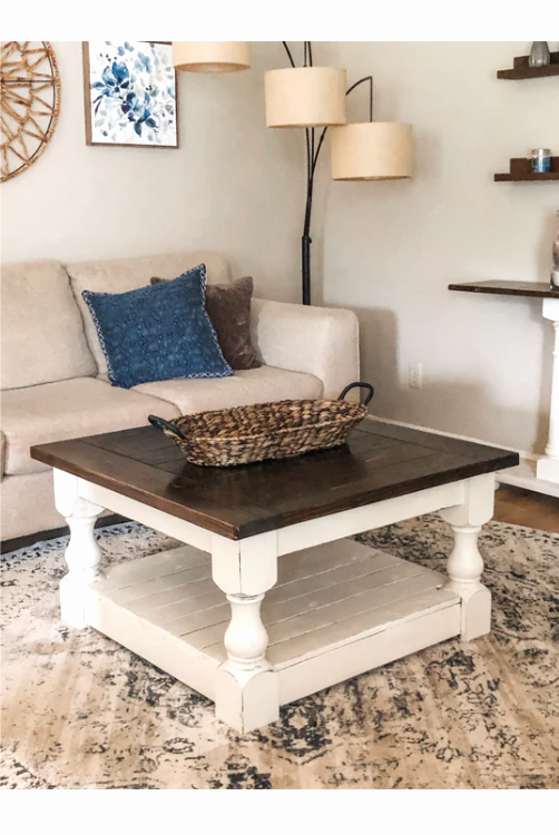 Rustic baluster square farmhouse coffee table distressed with dark brown top