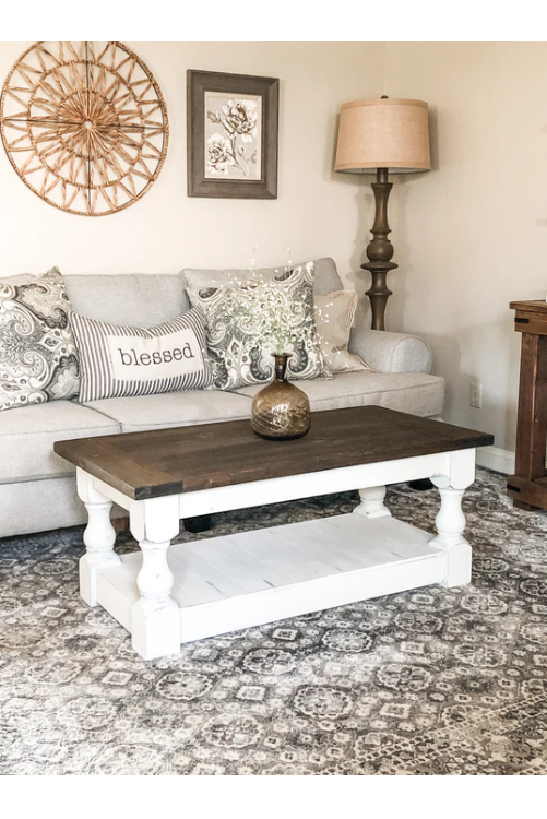 Rustic baluster rectangle farmhouse coffee table distressed dark brown stain