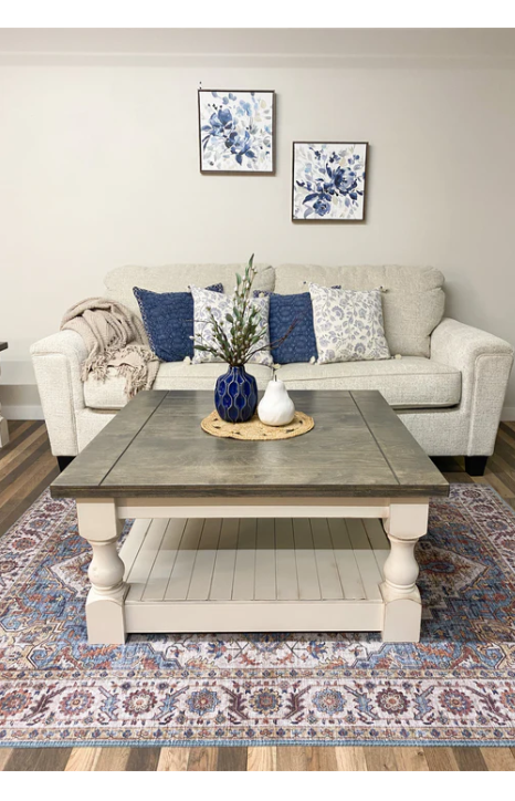 Rustic baluster square farmhouse coffee table aged barrel