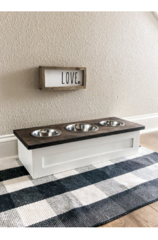 3 bowl small size elevated pet feeder in white with a stained top (W-flat- Shown in: Dark Brown| 3 bowl)
