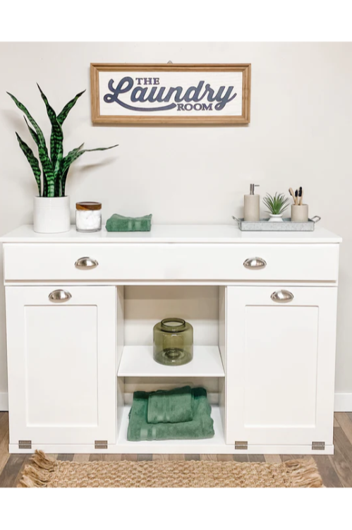 Templeton laundry with a storage drawer and open shelving in white farmhouse style