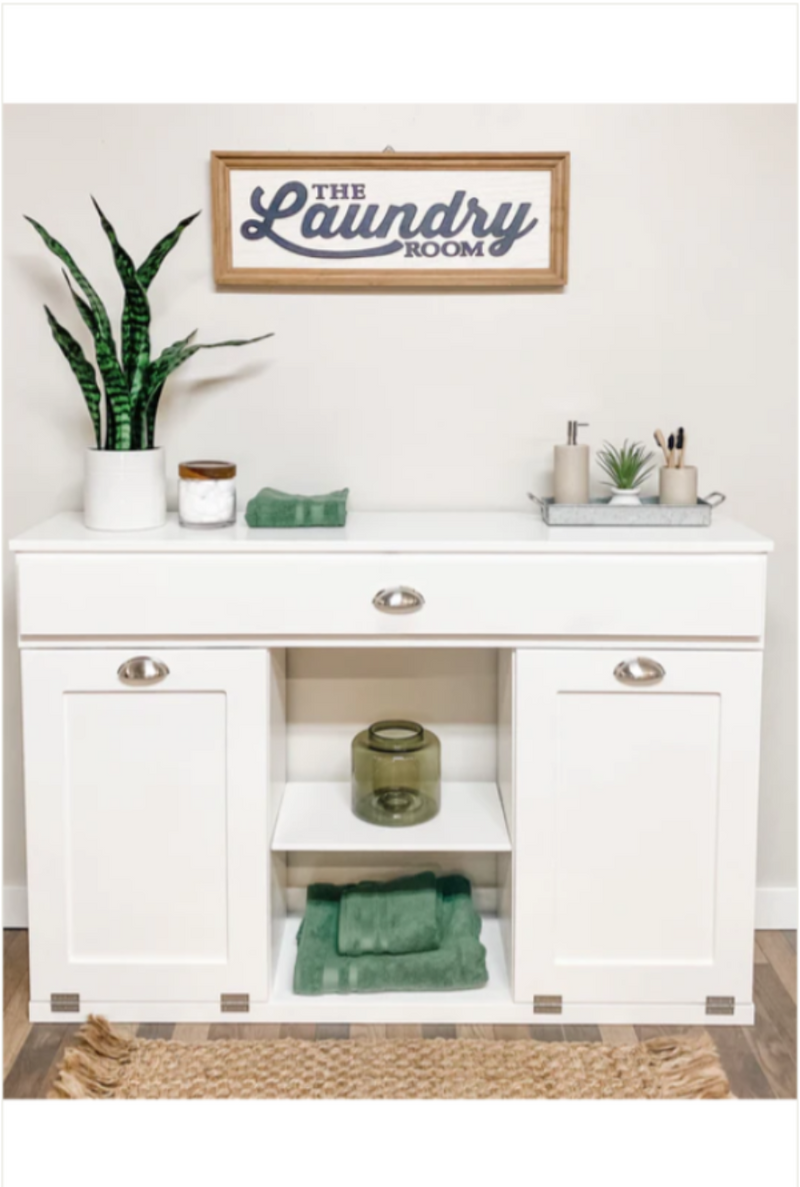 Templeton laundry with a storage drawer and open shelving in white farmhouse style