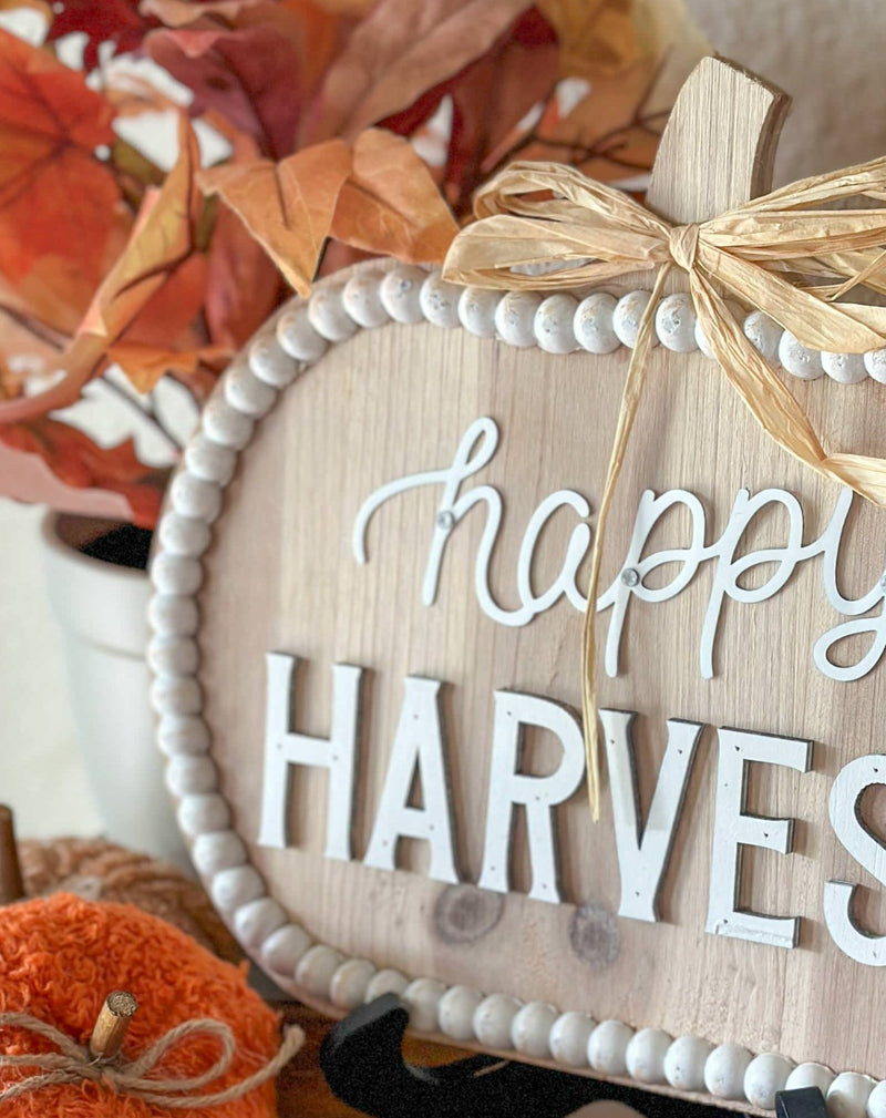 Neutral beaded pumpkin happy harvest sign