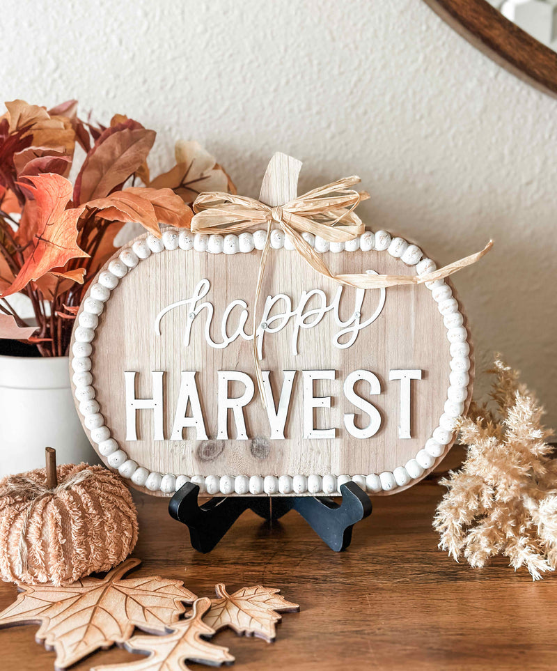 Neutral beaded pumpkin happy harvest sign