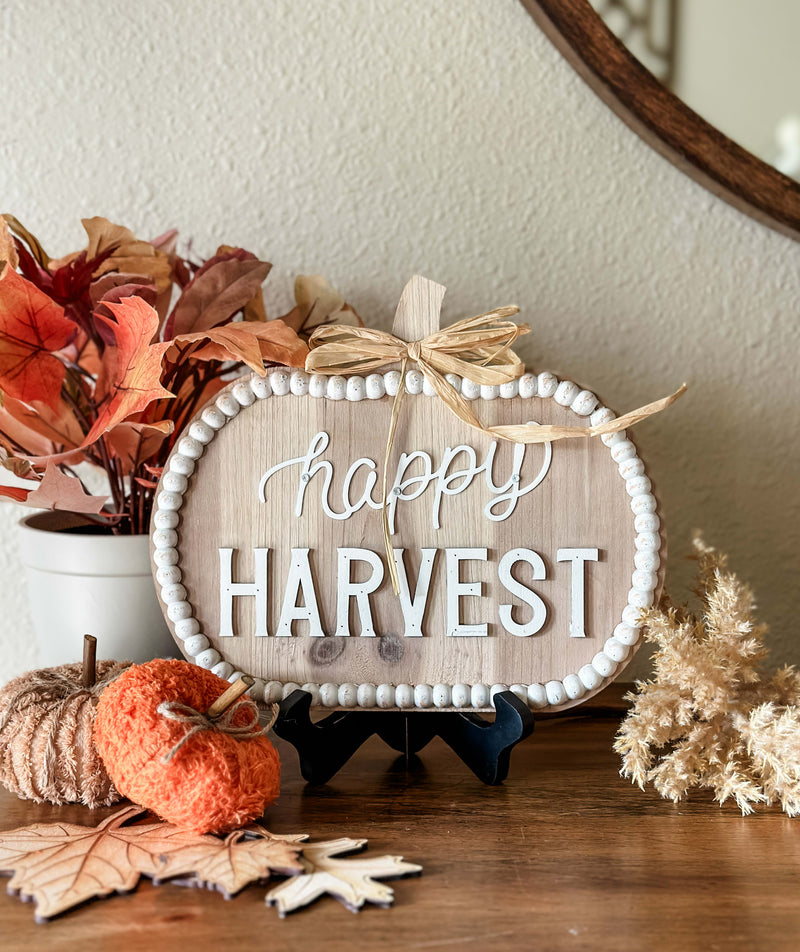 Neutral beaded pumpkin happy harvest sign