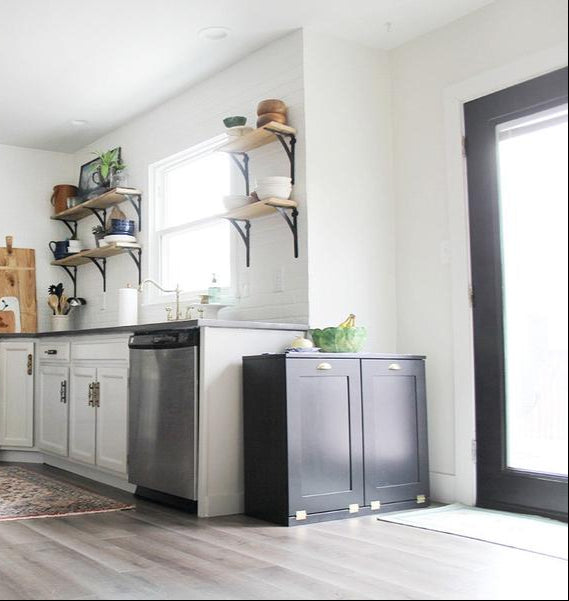 Double kitchen trash cabinet in black stain