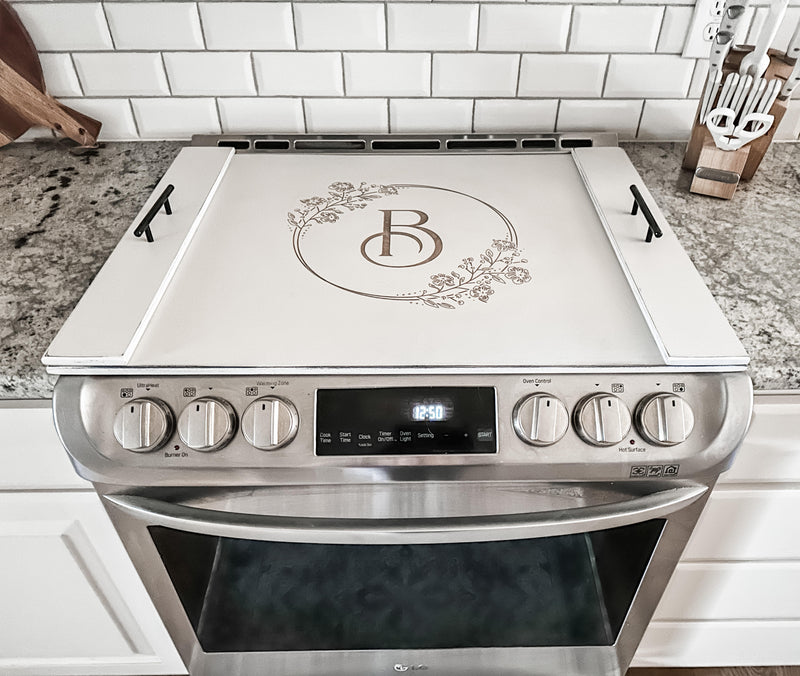 Personalized initial stove cover, ivory distressed, floral