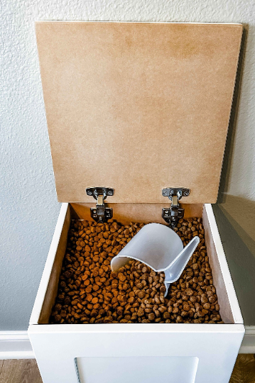 Single style pet food storage in white with a dark brown stain top